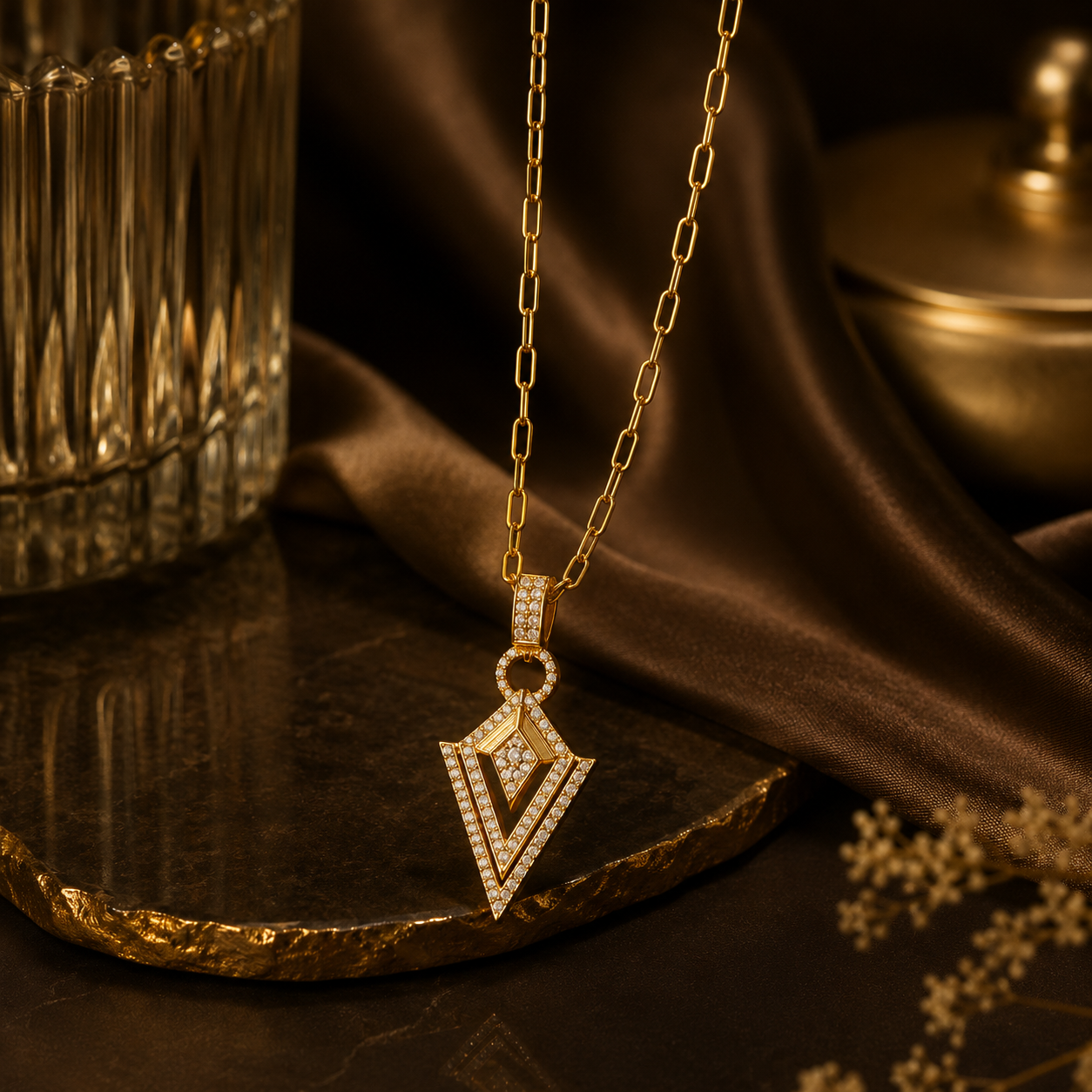 Gold necklace with a diamond pendant on a dark surface