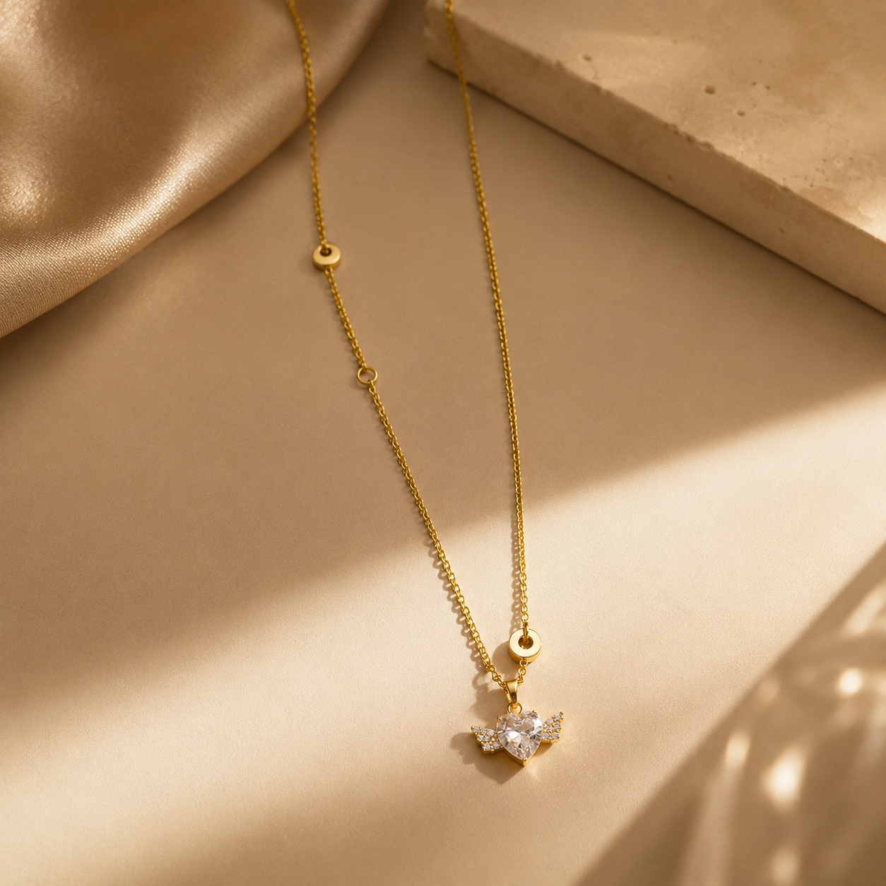 Gold necklace with a heart-shaped pendant on a beige fabric background