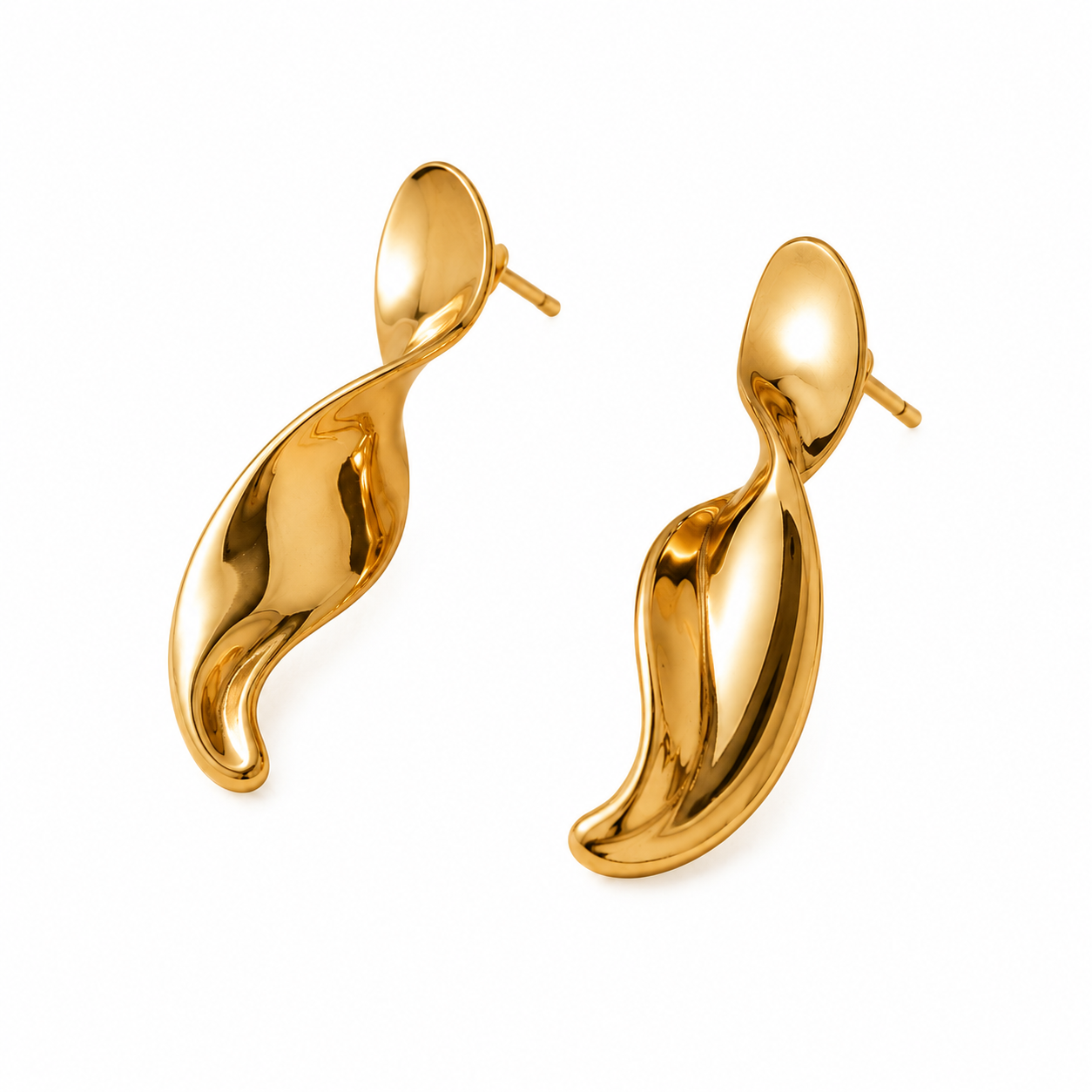 A pair of polished gold abstract wavy drop earrings with post backs, displayed on a clean white background.