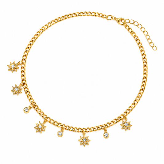 A gold chain necklace with seven dangling star-shaped charms, some adorned with small clear stones, displayed on a clean white background.