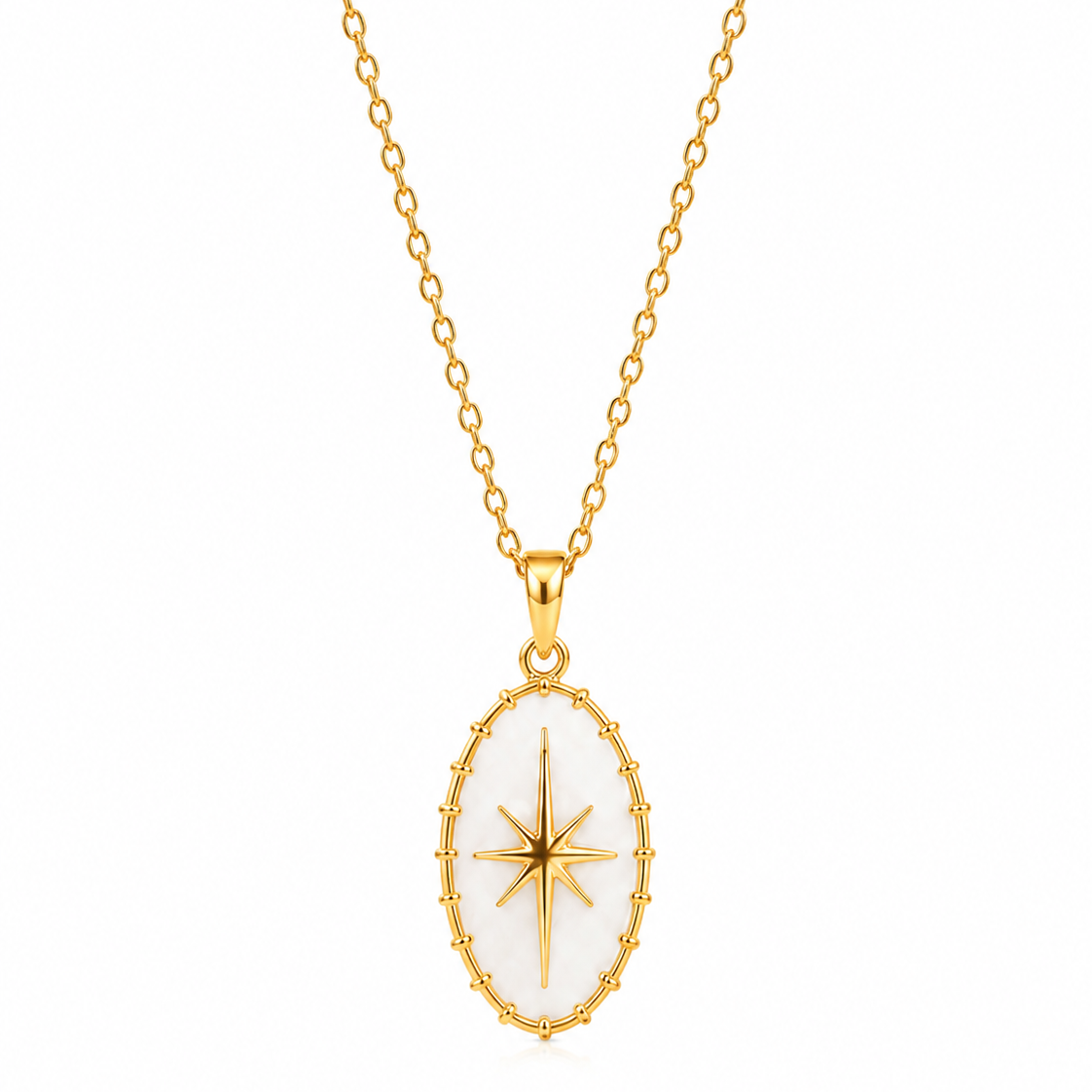A gold chain necklace with an oval pendant featuring a white inlay and a gold compass rose design in the center, shown against a plain white background.