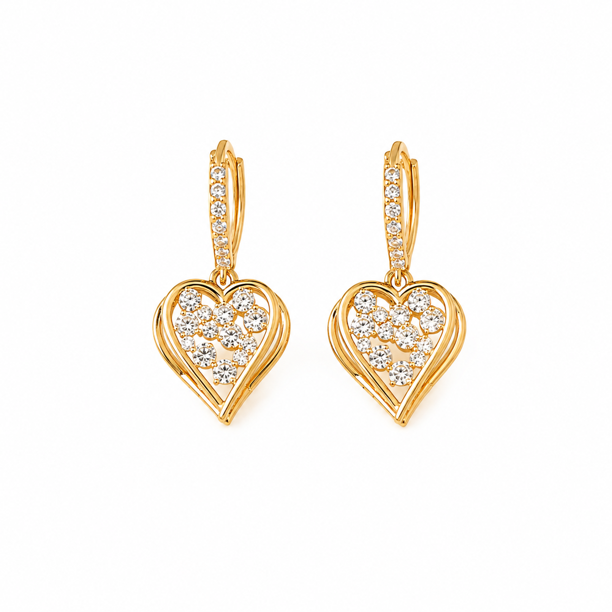 A pair of gold heart-shaped drop earrings with pavé-set clear stones, shown on a plain white background.