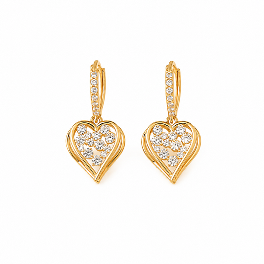 A pair of gold heart-shaped drop earrings with pavé-set clear stones, shown on a plain white background.