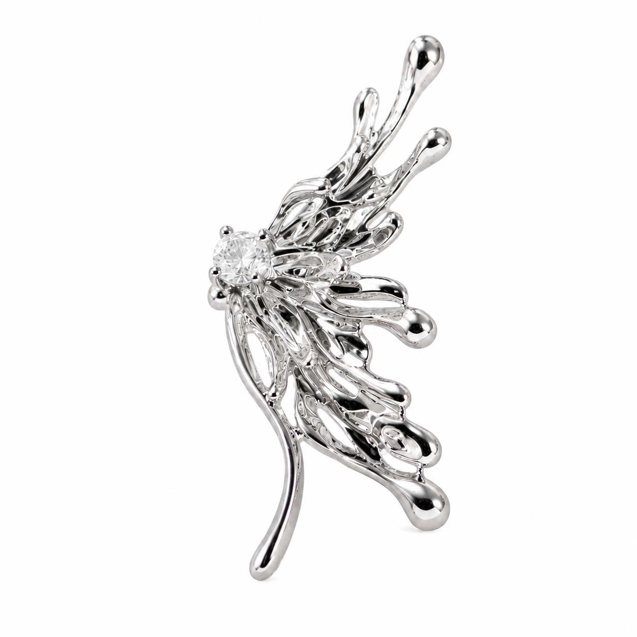 A silver-toned wing-shaped earring featuring a clear round-cut center stone and delicate leaf-like extensions, shown on a plain white background.
