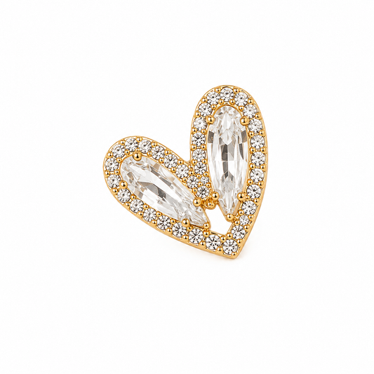 A gold heart-shaped stud earring featuring marquise-cut clear crystals and a border of small round clear crystals, set against a plain white background.