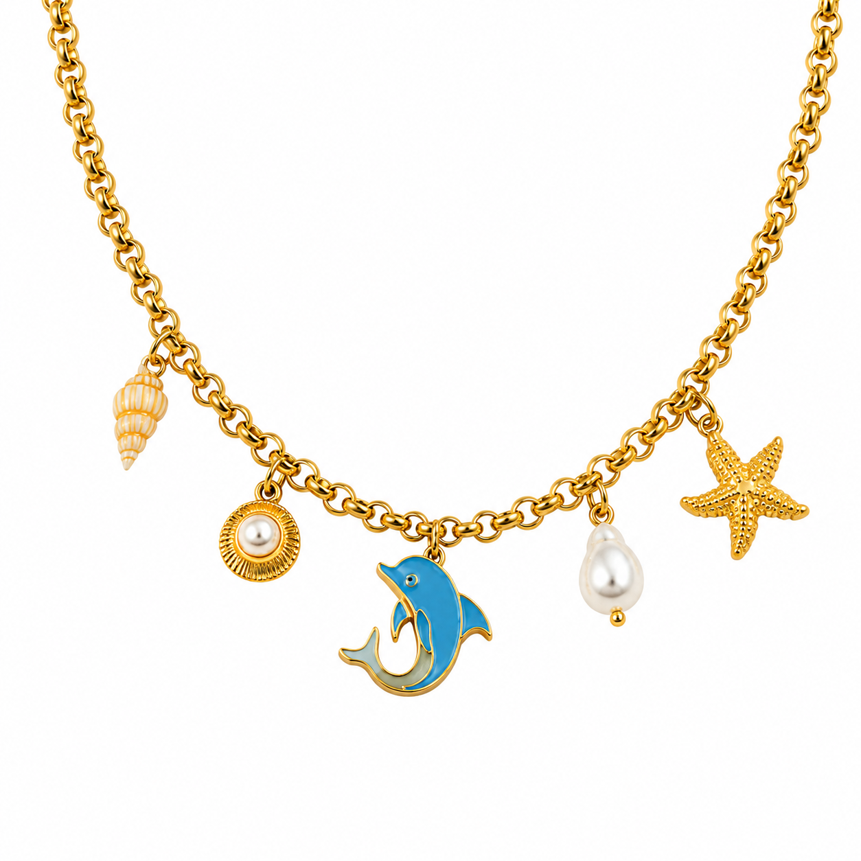 A gold chain necklace with ocean-themed charms, including a blue dolphin, a starfish, a seashell, a pearl shell, and a pearl drop, shown on a plain white background.