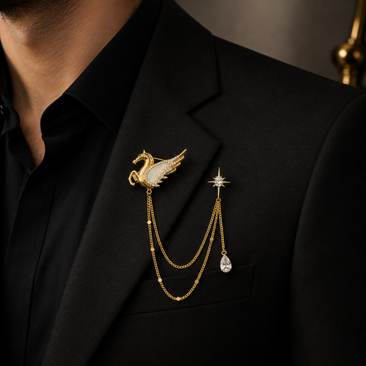 unicorn inspired brooch on a men's blazer