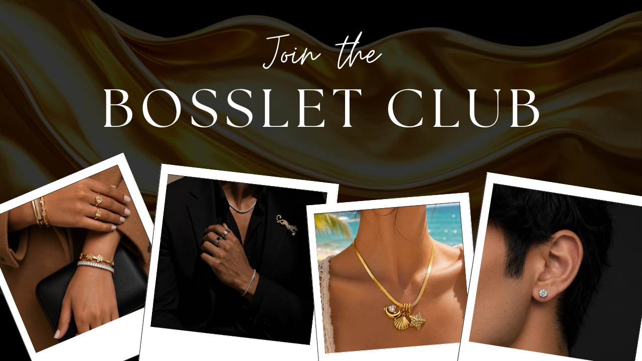 Promotional graphic for 'Join the BOSSLET CLUB' with jewelry images on a dark background.