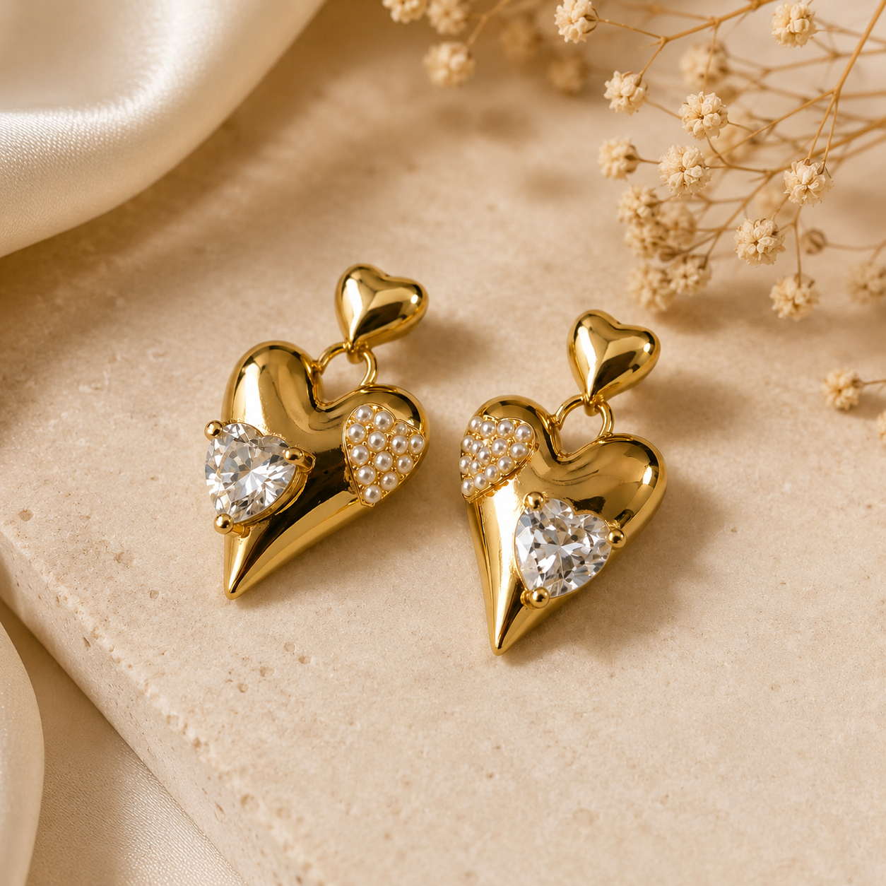 Gold heart-shaped earrings with gemstones on a beige surface with dried flowers.